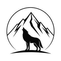 Majestic wolf silhouette on a mountain peak silhouette vector illustrations on white background