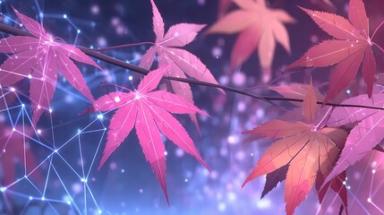 Autumn leaves, digital art, glowing