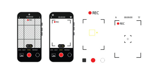 Smartphone Camera Interface Vector – Viewfinder, Grid, Focus & Record Buttons for Photo & Video | Mobile App UI Screen Icons.