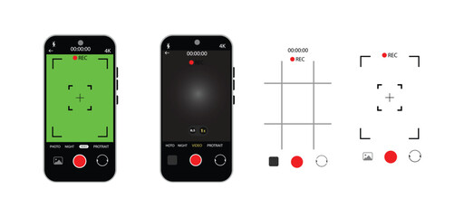 Smartphone Camera Interface: Viewfinder, Grid, Buttons, Lights, and Focus Controls in Mobile Photography Apps. Vector.