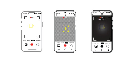 Smartphone Camera Interface: Viewfinder, Grid, Buttons, Lights, and Focus Controls in Mobile Photography Apps. Vector.