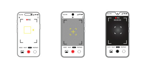 Camera interface in phone screen. Photo, video ui in cellphone. App for record from mobile cam. Viewfinder, grid, focus, button and rec. Smartphone for photography, selfie and video interface. Vector.
