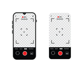 Camera interface in phone screen. Photo, video ui in cellphone. App for record from mobile cam. Viewfinder, grid, focus, button and rec. Smartphone for photography, selfie and video interface. Vector.