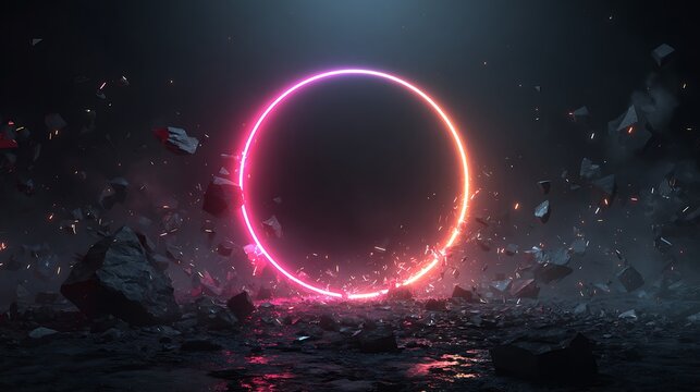 Futuristic Neon Circle Glowing Amidst Shattered Rocks and Dark, Smoky Background, Abstract 3D Rendering