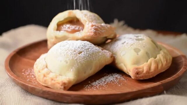 Slow Pan Shot of Arequipe-Stuffed Empanadas with Powdered Sugar