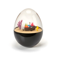 Miniature underwater scene inside a clear oval glass container with sand and coral