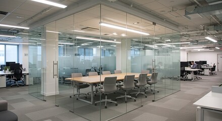 Modern office interior with glass walls conference table and workstations.