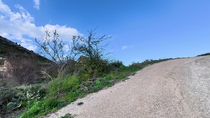 A tranquil and peaceful gravel road is framed by lush green hills and stretches beneath clear blue...