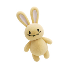 Obraz premium A fluffy yellow plush rabbit with stitched facial features is positioned against a transparent background. The toy has long ears and a sewn-on smile.