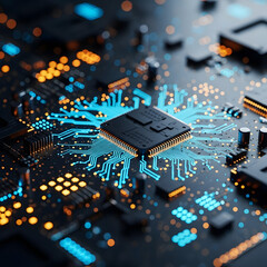 Close up of a glowing blue and orange circuit board with a central processor