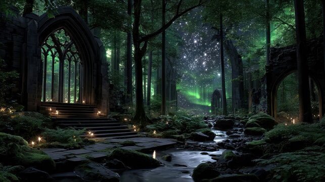 Ancient mystical forest path lit by ethereal light