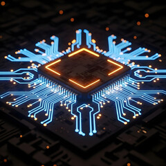 Close up of a glowing blue and orange circuit board with a central processor