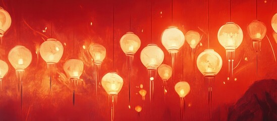 Many glowing lanterns on long stems against a deep red background