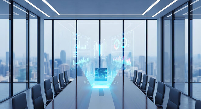 Modern Conference Room with Futuristic Hologram Projection