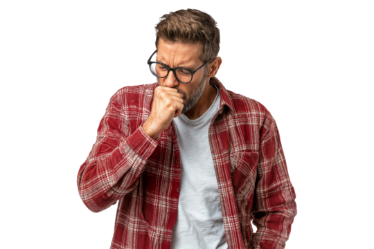 Sick man coughing into hand with pained expression showing flu or respiratory illness symptoms on transparent background