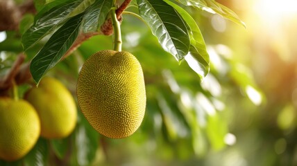 Ripening jackfruit hanging from a tree amidst vibrant green leaves.