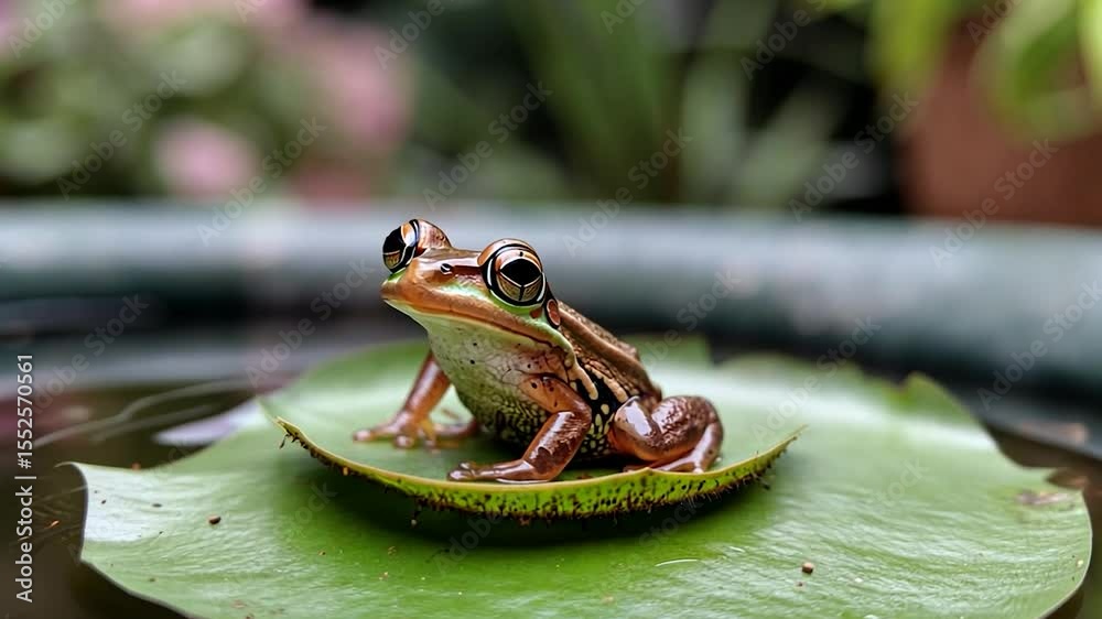 Poster detailed frog on lily pad surrounded by greenery with natural colors and soft background