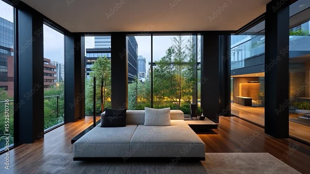 Poster daylight view of modern living room with comfortable sofa and city view outside window
