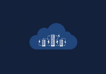 White servers are connected inside a blue cloud on a dark background, representing cloud computing, data, and technology.