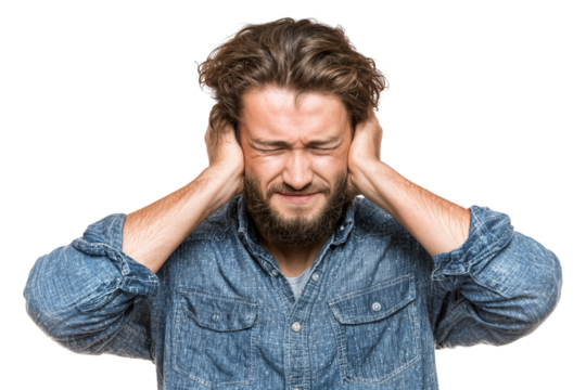 Frustrated man covering ears and grimacing in pain from loud noise or headache isolated on transparent background