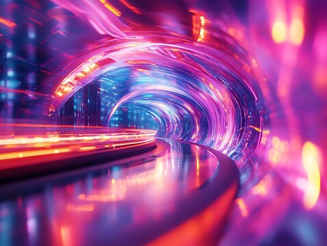 Vibrant tunnel of illuminated lights, capturing speed, journey, and futuristic concepts