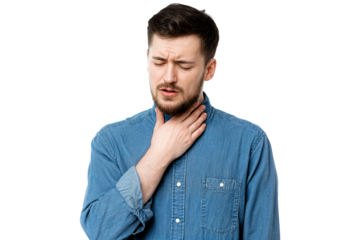 Unwell man with sore throat holding neck in pain and discomfort isolated on transparent background