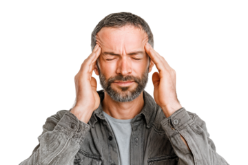 Young man suffering from headache and touching temples in pain isolated on transparent background