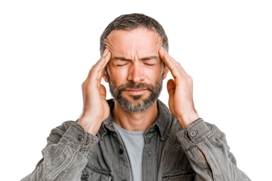 Young man suffering from headache and touching temples in pain isolated on transparent background