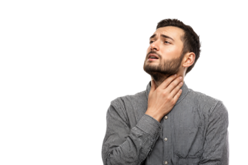 Unwell man with sore throat holding neck in pain and discomfort isolated on transparent background