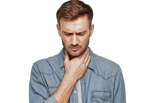 Unwell man with sore throat holding neck in pain and discomfort isolated on transparent background