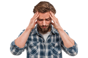 Frustrated man touching head and suffering from headache or mental stress isolated on transparent background