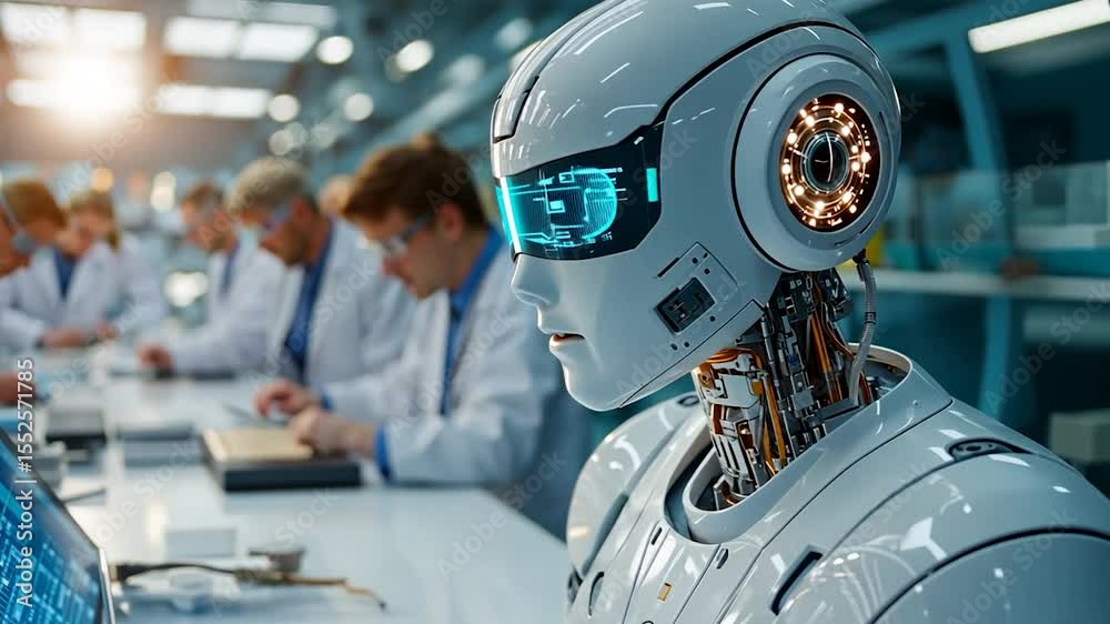 Poster Futuristic Robot Head Close Up with Glowing Blue Eyes in a Science Lab Setting with Researchers in White Coats