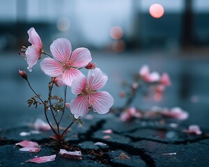 Pink flowers sprout from cracks in pavement