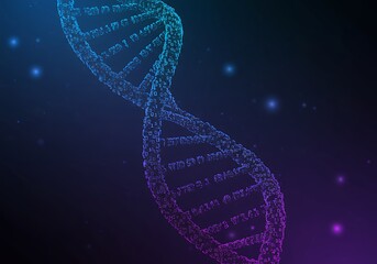 Glowing dna structure on a dark blue background conveys science, technology, and genetic research advancements.