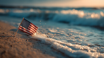 American flag waves on the beach at sunset coastal landscape tranquil environment serene viewpoint
