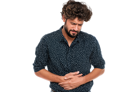 Young man suffering from stomach pain and holding abdomen with painful expression isolated on transparent background
