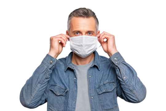 Man putting on medical face mask for protection against virus and airborne disease isolated on transparent background