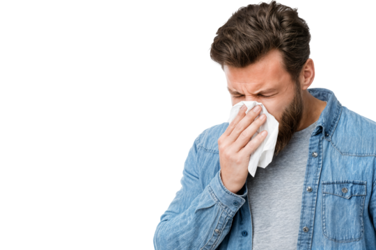 Middle aged man sneezing and blowing nose into tissue with closed eyes isolated on transparent background