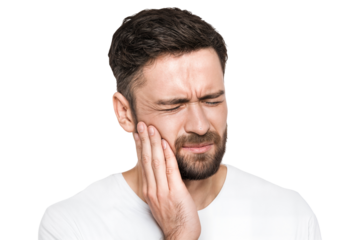 Young man suffering from toothache with painful facial expression touching cheek isolated on transparent background