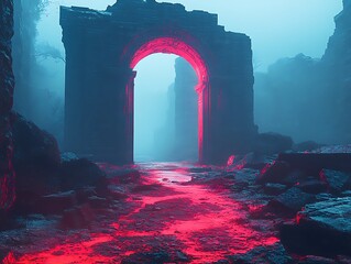Enigmatic gateway illuminating a path shrouded in mystery and ethereal fog