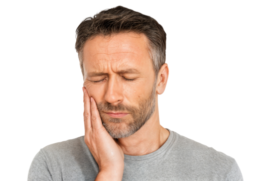 Young man suffering from toothache with painful facial expression touching cheek isolated on transparent background