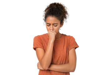 Young woman coughing into fist with sick expression showing symptoms of illness isolated on transparent background