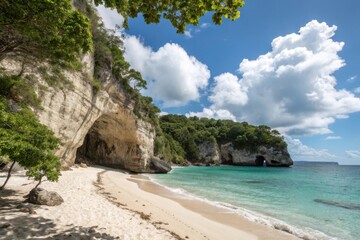 Naklejka premium Secluded tropical beach with cave and lush greenery