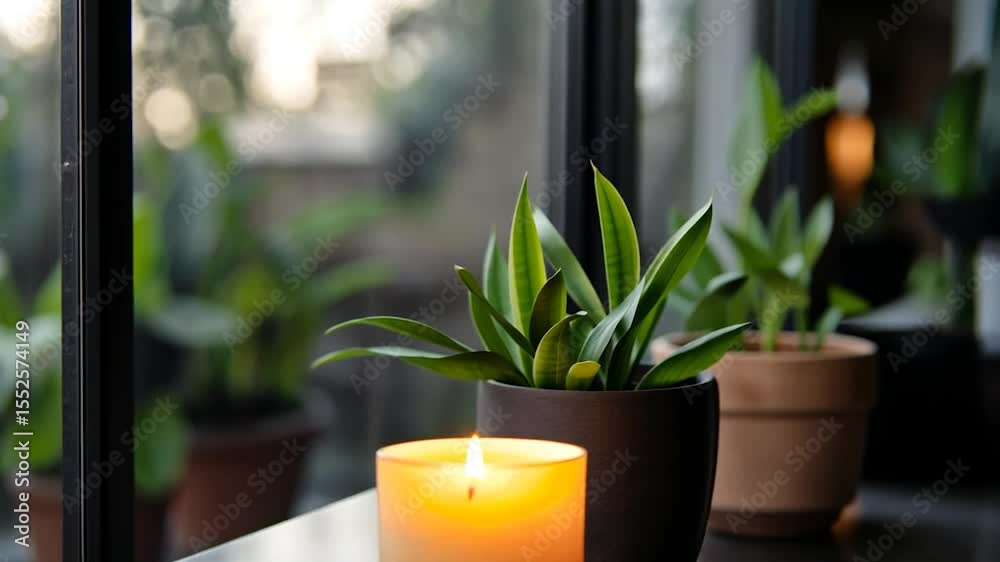 Poster close up of burning candle and potted plants near window creating serene atmosphere