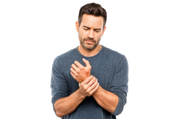 Young man suffering from wrist pain with painful expression on his face isolated on transparent background