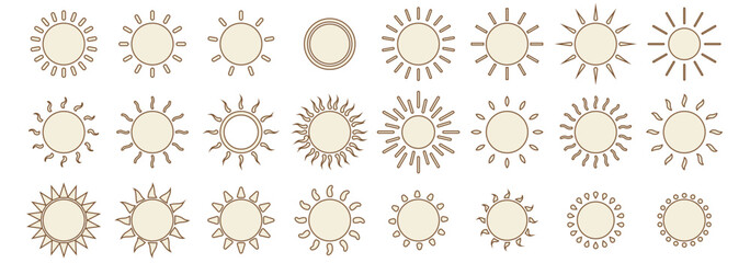 Set of Sun icons. Yellow Orange and Black and color variety design sun icons. Shine sun ray set. Collection of Yellow logo or weather icon. Vector illustration. EPS 10