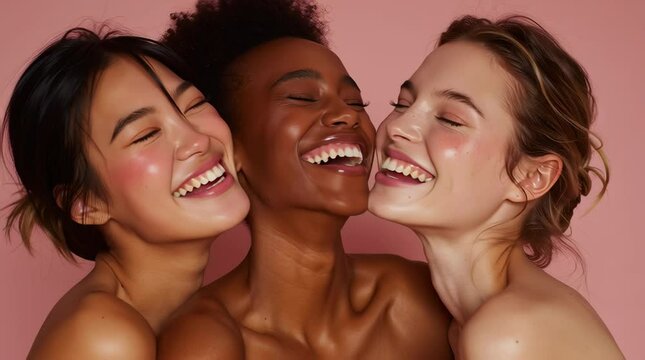 Beauty Portrait of   Multiethnic Models on Isolated Background. Happy Asian, Black and Caucasian Women with Natural, Healthy Skin. Wellness.