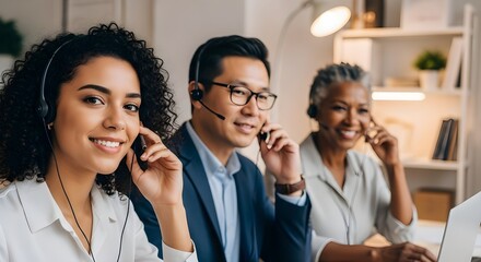 Diverse customer service team with smiling agents wearing headsets