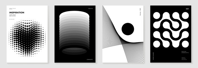 Obraz na płótnie Canvas Abstract monochrome poster background vector set. Modern cover template with black and white perspective geometric prism shape, line. Ideal design for social media, banner, ads.