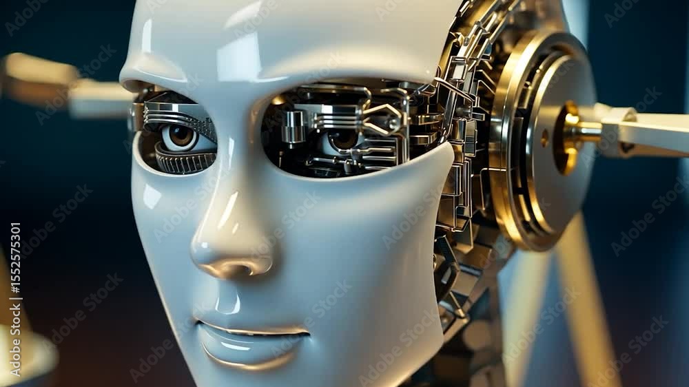 Poster Robot Head With White Face And Metallic Components Near Justice Scale In Blurred Background
